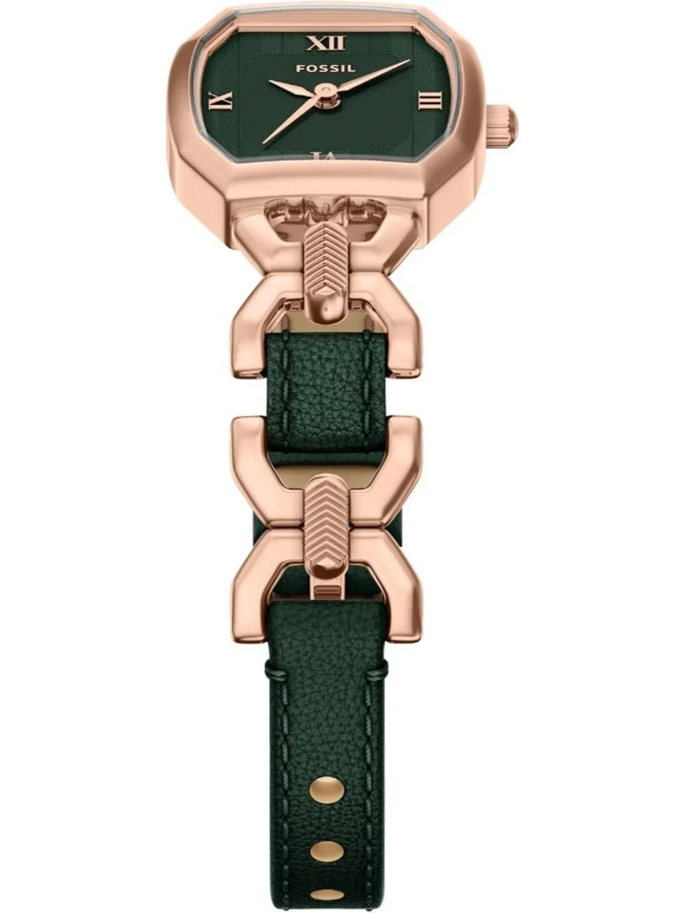 Women's Gold-Tone Stainless Steel Three-Hand Green Leather Octagonal Case Watch